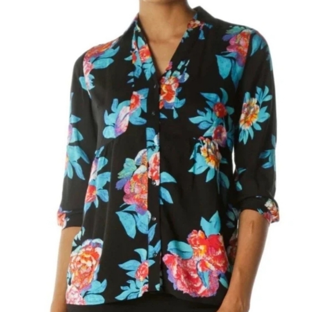 Maeve Woodland Walk Black Floral Button Down Blouse  Size 12